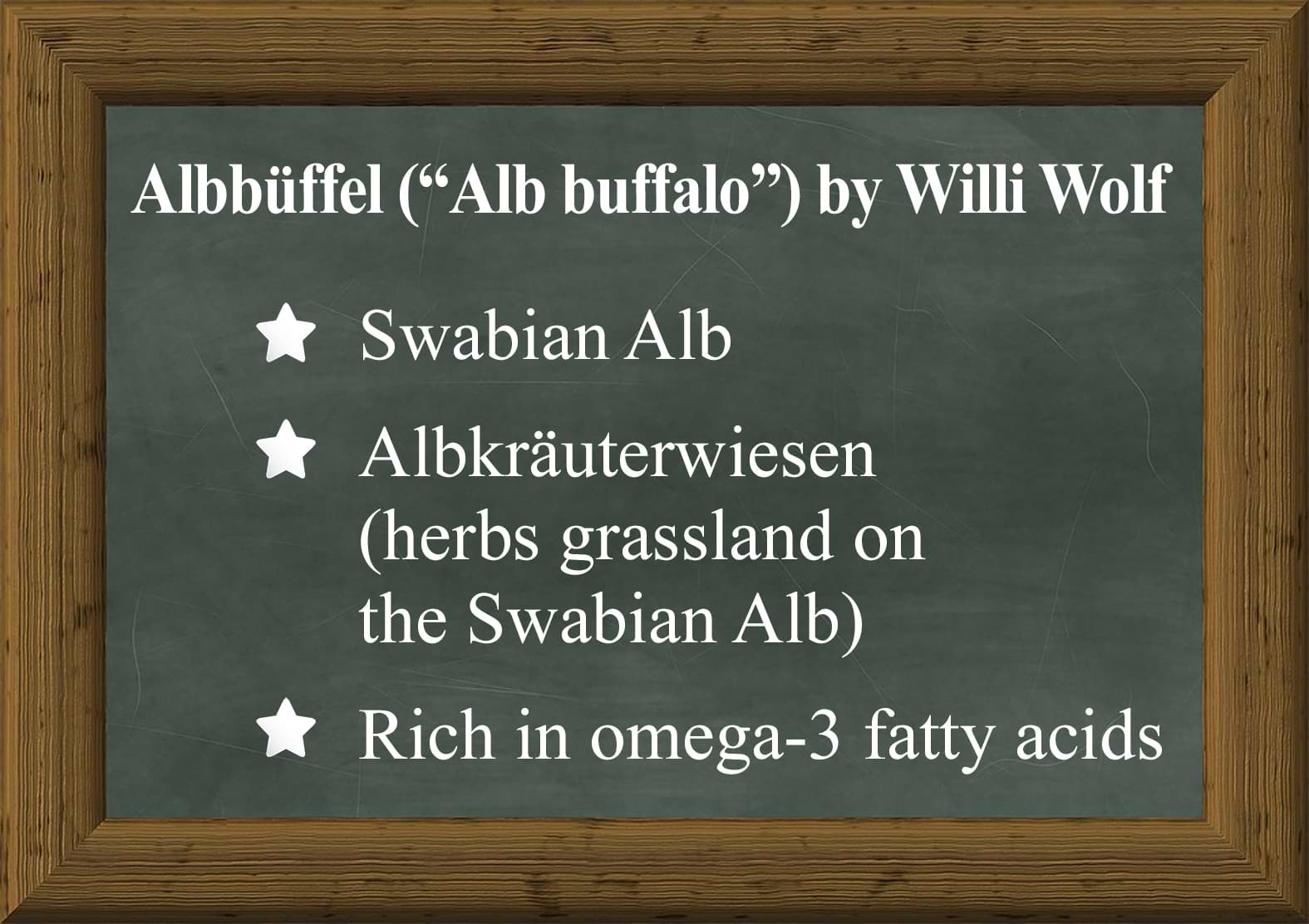 From the Swabian Alb region, we offer burgers made with meat from the Albbüffel (“Alb buffalo”).